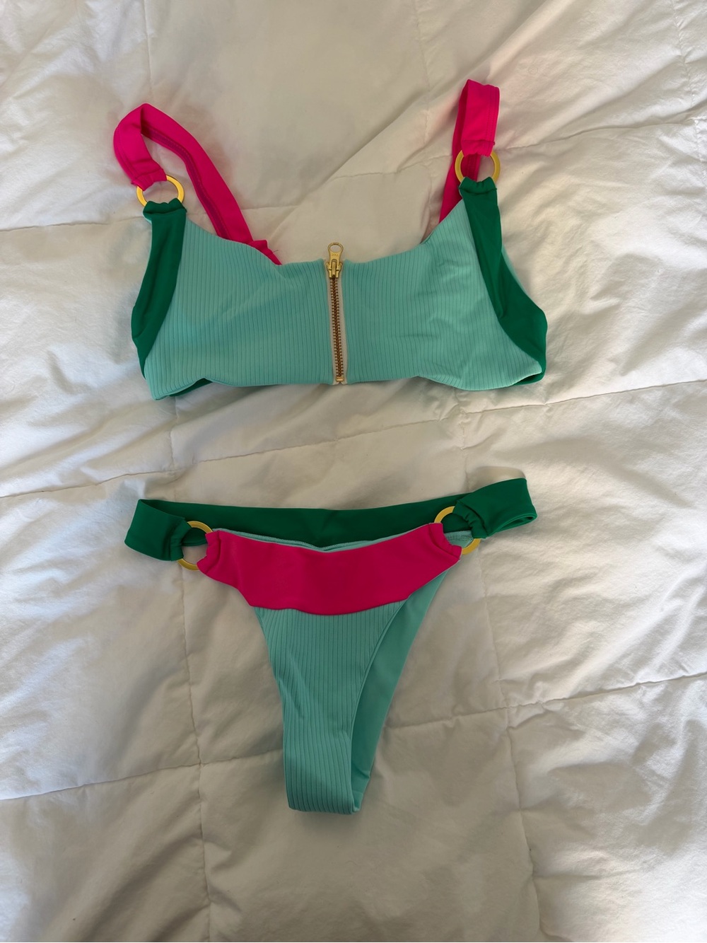 Beach Bunny Turquoise, Green & Hot Pink Ribbed Bikini Set with Gold Rings